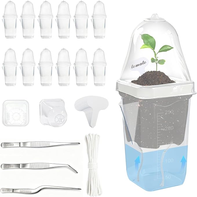 12 Pack 2.5" Self Watering Propagation Pots with Humidity Dome, Clear Plastic Seed Starter Cups, for Seedlings, Cuttings, Succulents, Herbs, Vegetables, 12 Plant Labels Included