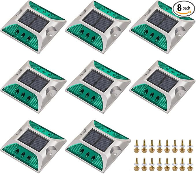 Solar Road Stud, 8PCS Green, LED, IP68 Waterproof, Automatic, Modern Style, 4.13"L x 4.13"W x 0.91"H, Solar Powered, 1.2V, 600mAh Battery