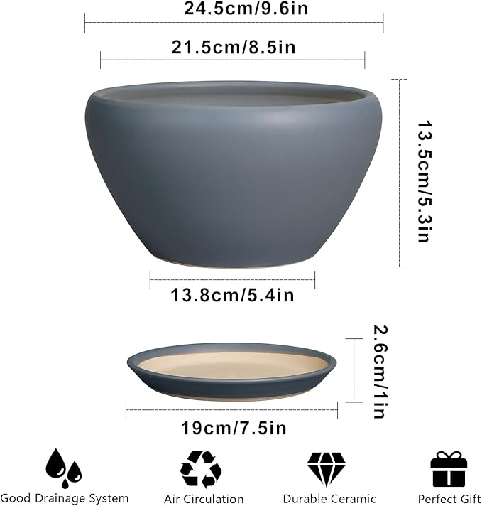 Ceramicfor Ceramic Pots for Plants - 9 Inch Planter for Outdoor Plants Large Plant Pot Indoor with Drainage Hole and Saucer Decorative Modern Flower Pot for Home Garden Decor Gray