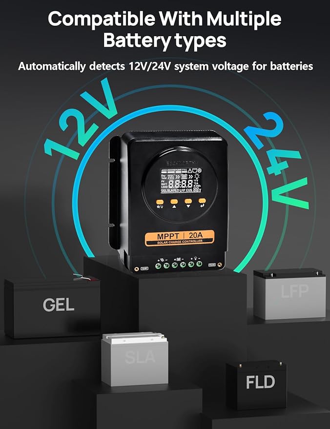 ECO-WORTHY MPPT Solar Charge Controller 12V/24V 20A,Bluetooth & APP Monitoring,LCD Display, Solar Panel Regulator for Gel,SLA,FLD,LFP Battery in Solar System,RV