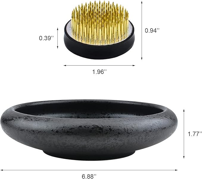 Flower Arrangement Supplies, Deep Round Ceramic Ikebana Flower Vase with 5cm Kenzan Flower Frog for Floral Arrangement Home Decoration, Black Spotted