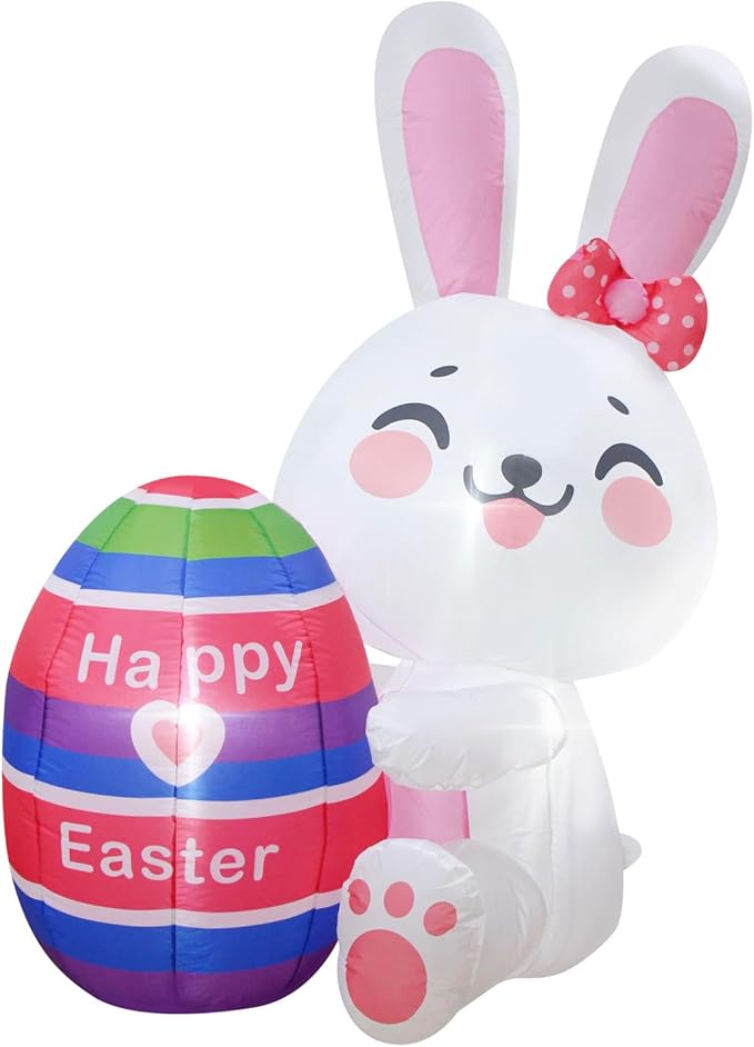 Easter Inflatables White Bunny Rabbit Hold Colorful Egg Lighted Easter Blow Up Decoration Yard Garden Lawn Outdoor Decoration Front Door Holiday Decor