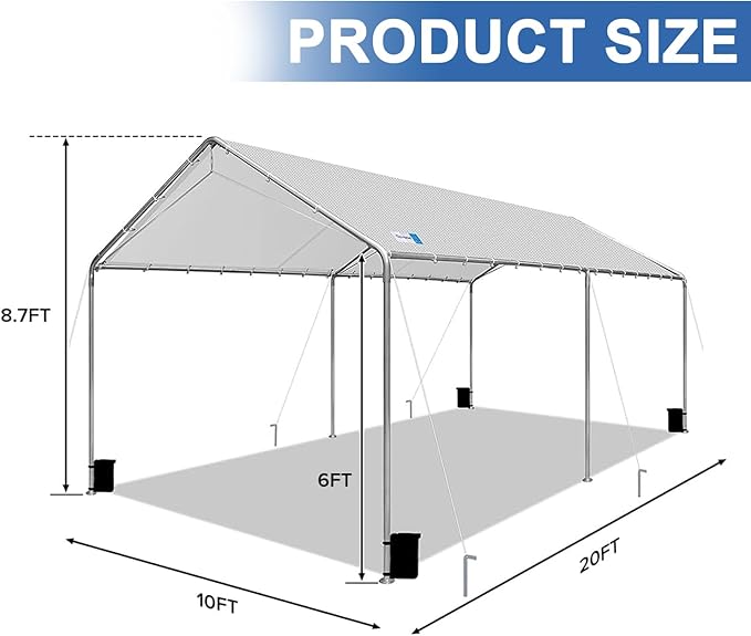 Carport Canopy 10'x20' Heavy Duty Carport, Waterproof & UV Protected Garage Top Tarp Shelter Cover with Reinforced Steel Cables, Outdoor Portable Garage for Car, Boat Tent, Light Grey