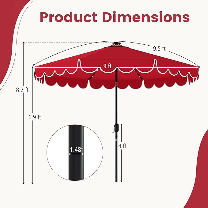 Tangkula 9 FT Solar Patio Umbrella, 2-Tiers Scalloped Outdoor Table Market Umbrella with 32 LED Lights, Vented Top, Tilt Adjustment, Crank, 8 Ribs for Backyard Poolside Deck Beach Lawn (Red)