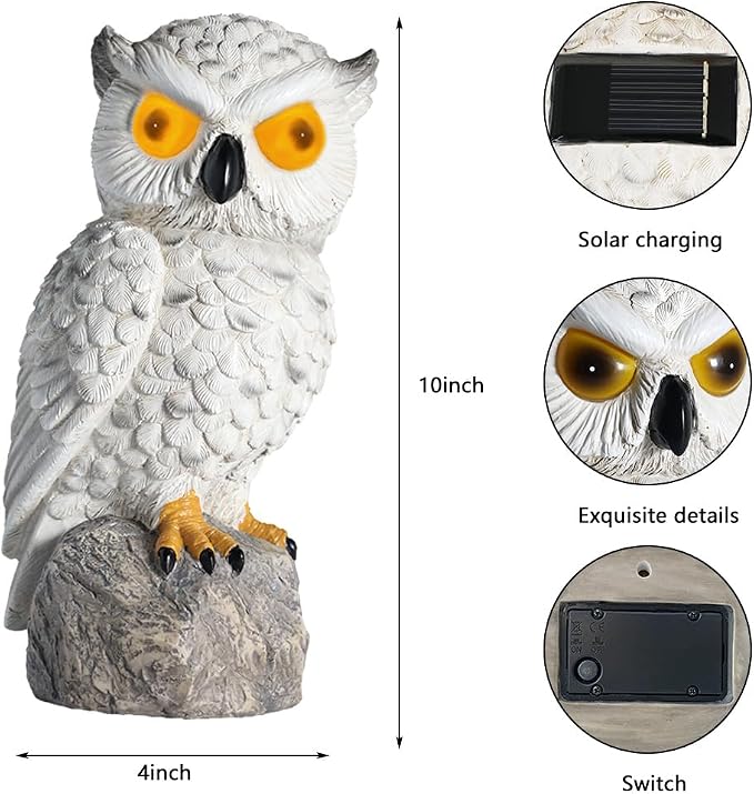 1 KINGO Fake Owl Decoy with LED Eyes & Ultrasonic Deterrent, Scarecrow Owl Decoys to Scare Birds Away, Bird Deterrents for Outside, Solar Powered Bird Repellent Devices Outdoor, Resin Garden Statues