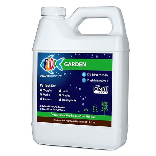 FOOP Garden - Organic Liquid Plant Food Made from Fish Manure (with Fresh Minty Scent) | Fish Fertilizer Alternative Perfect for Veggies, Herbs, Flowers,Trees,Shrubs | Kid&Pet Friendly (32oz)