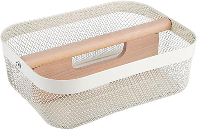 AJIODA Metal Mesh Steel Storage Basket, Garden Harvest Wire Organizer Basket Multi-functional Kitchen Fruit Basket with Wooden Removable Partition & Handle for Bath Picnic Decor Cabinet, Cream White
