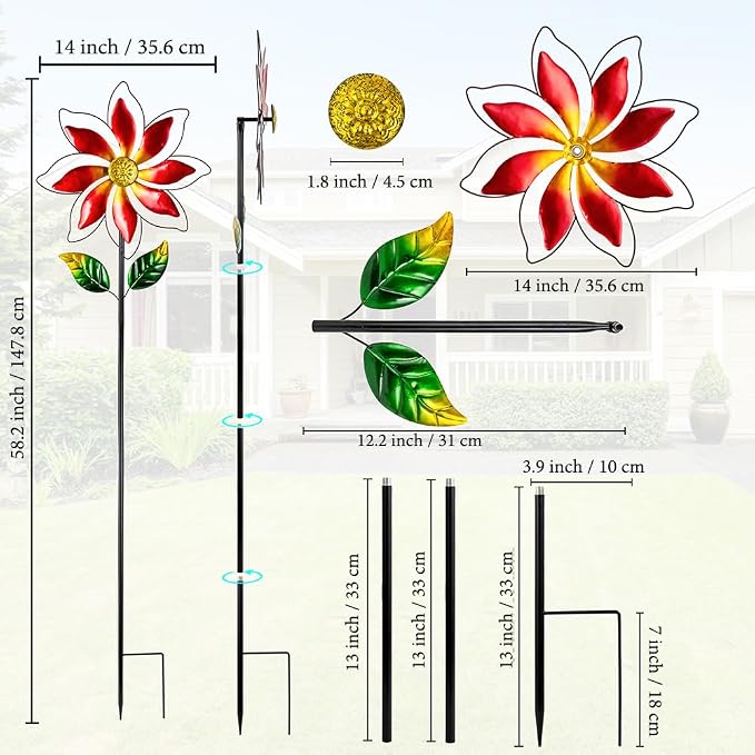 Wind Spinner Outdoor,14’’ Dia Red Flower Shape Garden Pinwheels Spinners,Waterproof Windmill for Yard Lawn Patio Decor