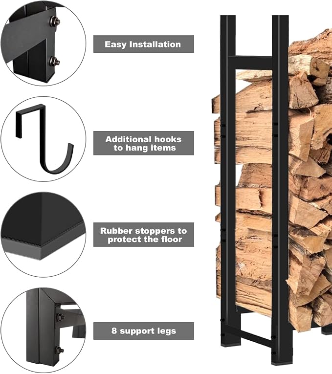 4ft Firewood Rack Adjustable Heavy Duty Fire Wood Stand Holder for Outdoor Indoor Fireplace Log Storage, Metal Lumber Stacker Organizer, Black