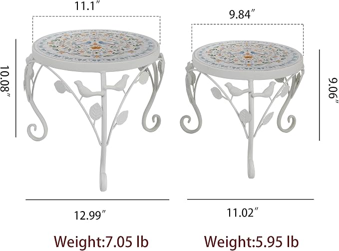 Rustic Metal Plant Stand Set of 2 Indoor & Outdoor Round Ceramic Top Mosaic Planter Pot Stand Low Heavy Duty Flower Holder Rack for Garden Patio Living Room Farmhouse Accessory Decor Gift White Flower Bird