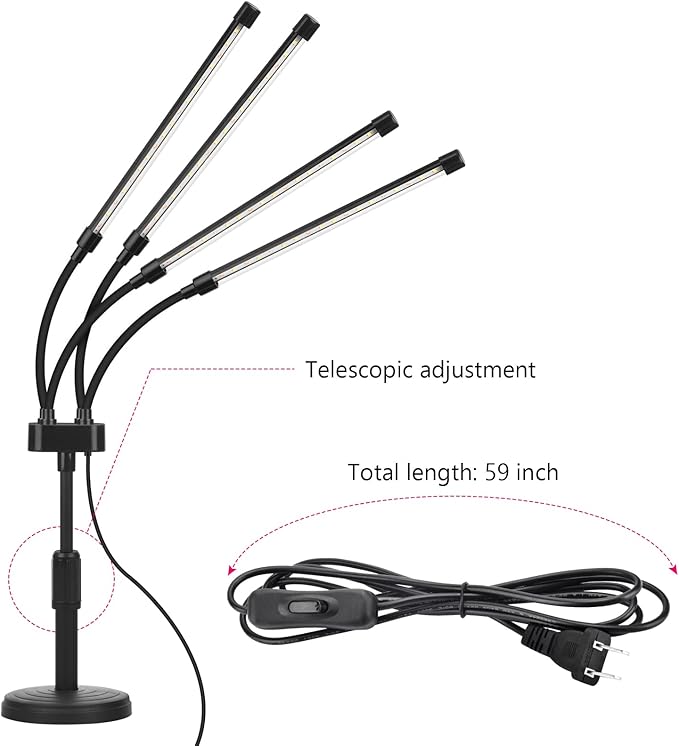 Grow Lights for Indoor Plants, Four Head LED Grow Light with Full Spectrum, Red White Spectrum for Indoor Plant Lamp, Adjustable Gooseneck, Suitable for Vegetation