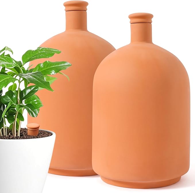 2pcs 10×6×6inch Plant Watering Globes Ollas Terra Cotta Watering Pots 110 oz Terracotta Watering Spikes Self Watering Planter Watering Pot with Lid for Outdoor & Indoor Plants