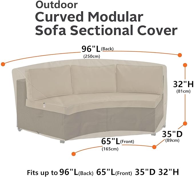 Curved Patio Furniture Cover for Outdoor Sectional Sofa, 96"(65") Reinforced Waterproof 600D Patio Couch Covers, Lawn Outside Garden Furniture Winter Protective Cover