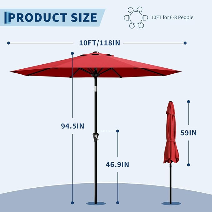 GarveeLife 10FT Umbrella Outdoor Patio, Table Umbrella with Push Button Tilt and Crank, 8 Sturdy Ribs Waterproof UV Protection for Garden, Pool, Deck, Backyard, Market (Red)
