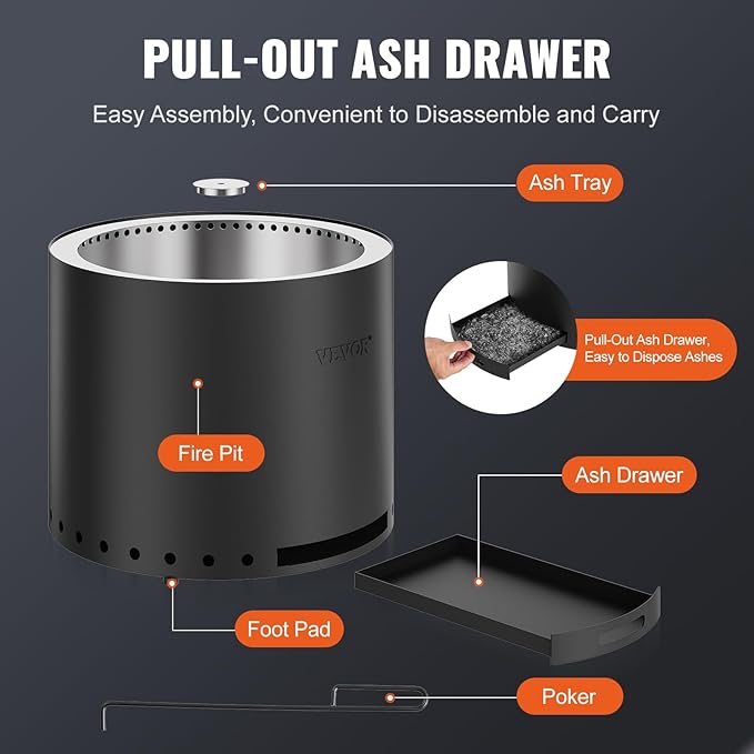 VEVOR Smokeless Fire Pit Stove Bonfire, H: 12.6 in x Dia: 15 in,Wood Burning Fireplaces with Removable Ash Pan, SUS430 Stainless Steel Inner Portable Outdoor Firepit, Ideal for Outdoor Patio Camping