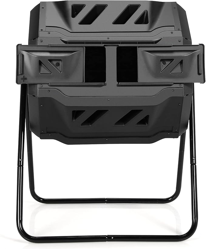 Goplus Compost Tumbler, 43 Gallon Rotating Compost Bin Barrel, Dual Chamber Tumbling Composter with Sliding Door, Gloves, Aeration System for Outdoor, Garden, Yard