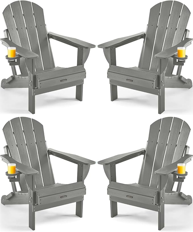 Ciokea Folding Adirondack Chair Wood Texture 4 Pack, Patio Adirondack Chair Weather Resistant, Plastic Fire Pit Chair with Cup Holder, Lawn Chair for Outdoor Porch Garden Backyard Deck (Grey)