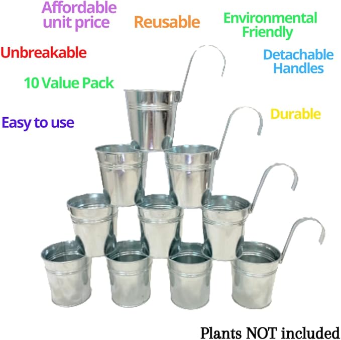 LaLaGreen Bundle - 3 Tier, 16 Inch Wall Hanging Planter + 10 Pack, 6 Inch Silver Metal Flower Pots Deck Railing Fence Balcony, Succulent Rectangle Long Large Hanging Vertical Shower Plant Garden Decor