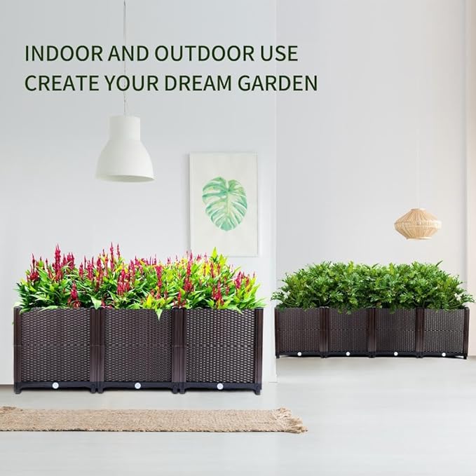 Emalie Deep Raised Garden Beds Large Plastic Planter Box with Drainage Plugs for Veggies Flowers Herbs Deep Root Plants Growing, 63.0" Lx15.7 Wx16.9 H Brown