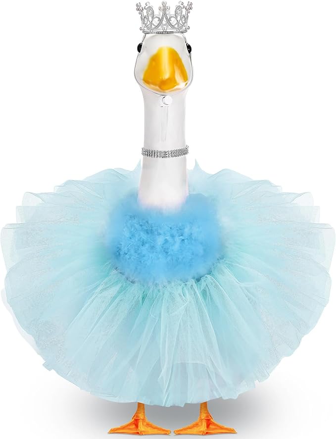 4 Pcs Princess Porch Goose Outfit for 23" 17" Cement Lawn Goose Costume Crown Necklace Tutu Skirt Feather Trim for Princess Outdoor Garden Lawn Art Decor(Blue)