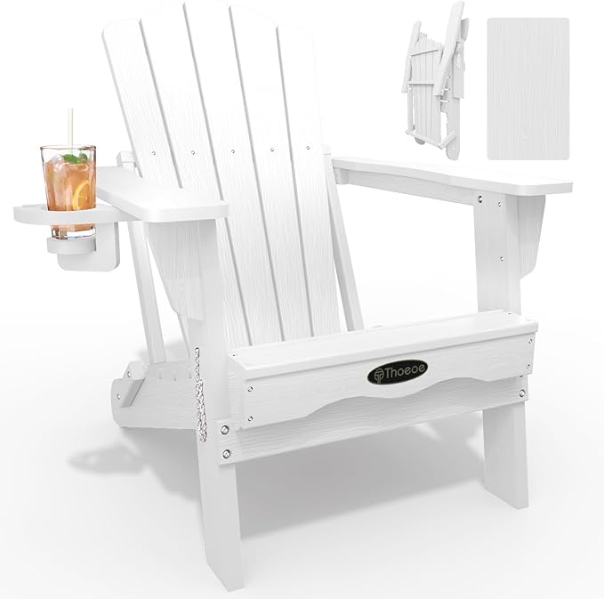 THOEOE Folding Adirondack Chair,HDPE All-Weather Outdoor Chair with Cup Holder,Wooden Textured,Fire Pit Chair,Plastic Patio Chair for Deck,Backyard,Garden,Lawn, White