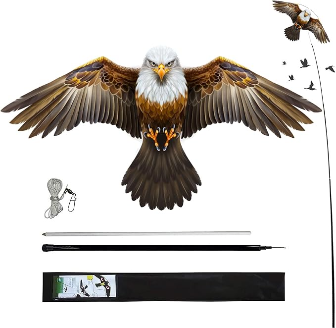 Bird Hawk Flying Kite with Pole Crop Farm Protector Bird Scare Kites with 13Ft Pole - Eagle Kite