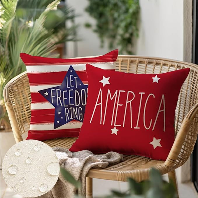 RABUSOFA Outdoor Waterproof 4th of July Patriotic Pillow Covers 18x18 Inch,Fourth of July Pillow Cases Set of 4,America Flag Stars Freedom Decorative Memorial Day Throw Pillows(2-18)