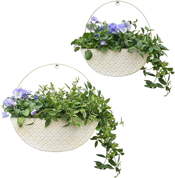 2-Piece Metal Planter Wall Hanging Baskets Decor Half-Moon Wall Mount Planter Set for Shabby Chic Farmhouse Outdoor Indoor Wall Decor