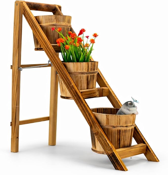 Rustic Foldable 3-Tier Wooden Planter - Space-Saving Vertical Plant Stand for Indoor/Outdoor (Patio, Balcony, Living Room)