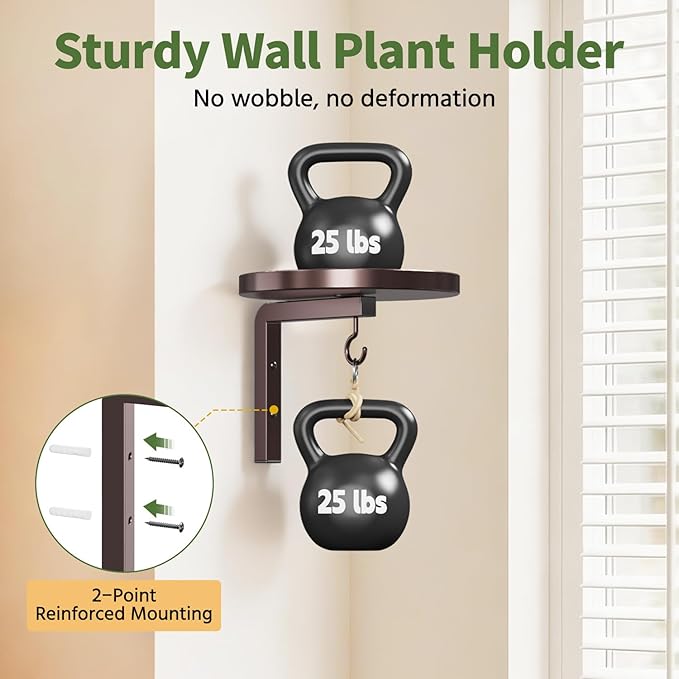 LASZOLA Plant Hangers Shelves Wall Mounted Indoor with Grow Lights, Metal Window Plant Holders, 2Pcs Modern Floating Flower Display Stand with 2 Hooks for Outdoor Kitchen Bathroom Decor, Bronze