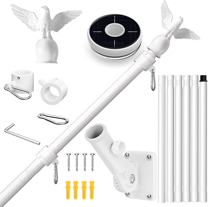 LETSTRY 7FT Flag Pole Kit for House with Solar Light and Adjustable Bracket, 1" Thickened Stainless Steel Outside Wall Mount Flagpole for 3x5 American Flag, for Residential, Outdoor or Porch (White)