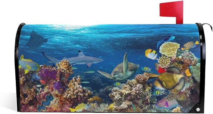 ZZKKO Magnetic Mailbox Covers Ocean Marine Life Turtle Shark Coral Reef Landscape Letter Box Cover Colorful Painting Graden Outdoor Decorations,20.8x18 Inch Standard Size,Multicolor