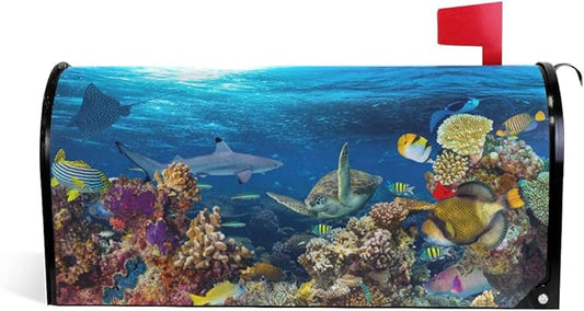ZZKKO Magnetic Mailbox Covers Ocean Marine Life Turtle Shark Coral Reef Landscape Letter Box Cover Colorful Painting Graden Outdoor Decorations,20.8x18 Inch Standard Size,Multicolor