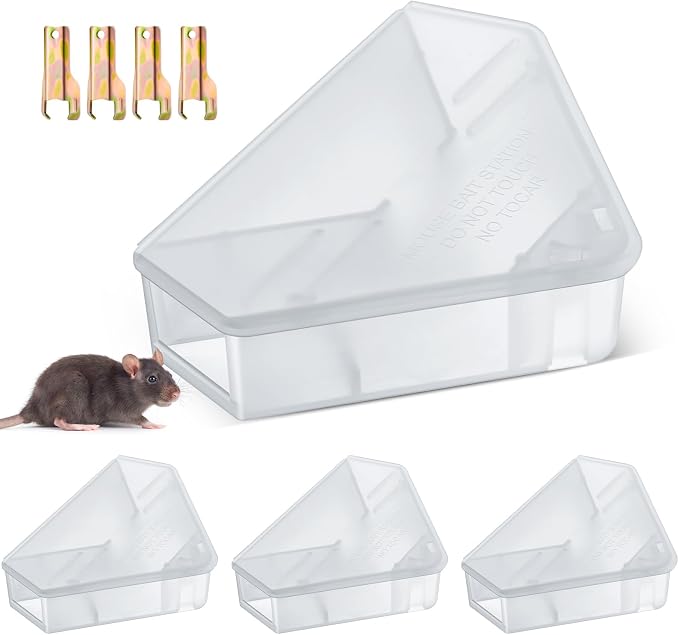 Qualirey 4 Pcs Mice Station with Key Triangle Mouse Station Lockable Reusable Bait Box, Enclosed Design for Indoor and Outdoor Use, Suitable for Small Mice (Translucent)