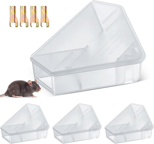 Qualirey 4 Pcs Mice Station with Key Triangle Mouse Station Lockable Reusable Bait Box, Enclosed Design for Indoor and Outdoor Use, Suitable for Small Mice (Translucent)