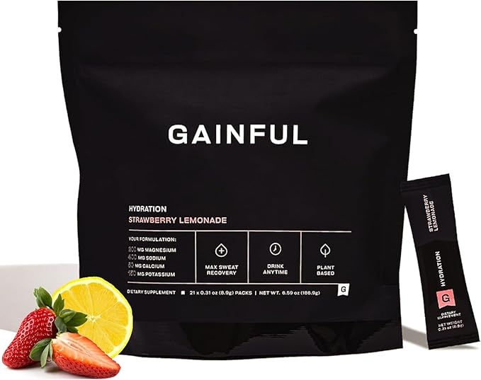 Gainful Hydration Powder Packets, Caffeine Free with Key Electrolytes Magnesium and Sodium, Energy Support, Low Sugar, Strawberry Lemonade, 21 Sticks