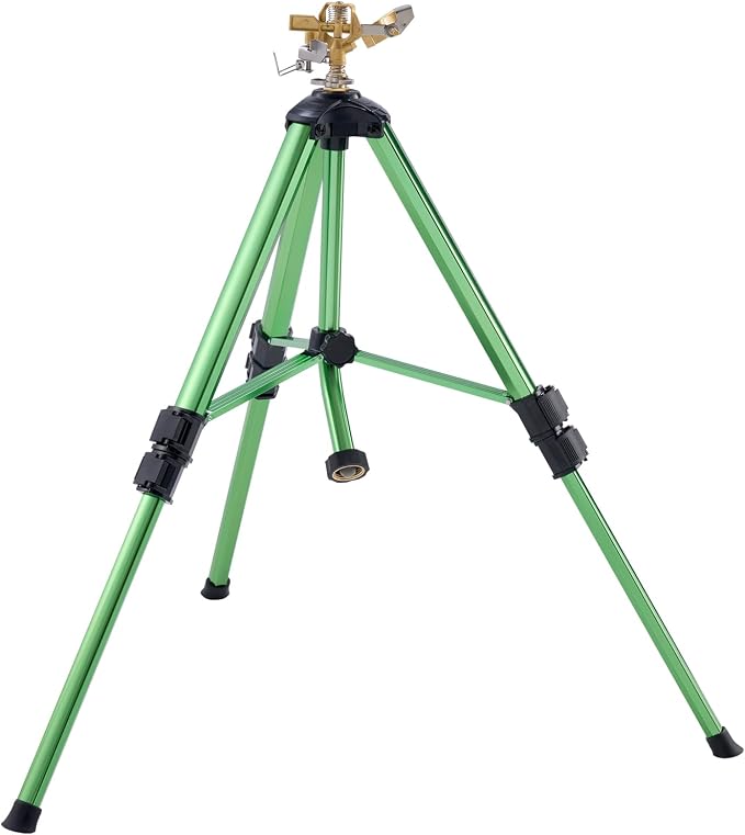 VEVOR Impact Sprinkler on Tripod Base, Heavy Duty Tripod Sprinklers with Brass Head & 3/4" Connector, 360 Degree Large Area Coverage Irrigation Sprinkler, Adjustable Heights, for Yard Green