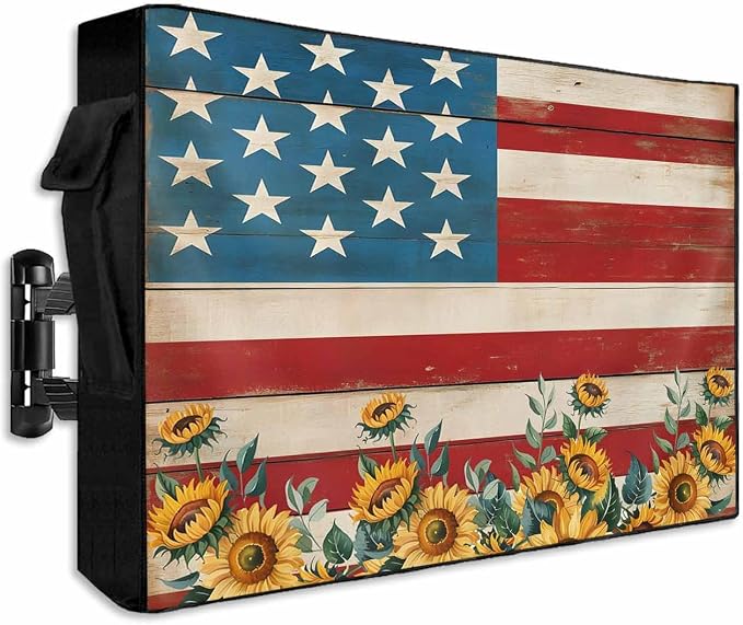 American Flag Outdoor TV Cover 30 to 32 Inch Weatherproof, Sunflowers Farmhouse 600D Oxford Cover With Waterproof Zipper, USA Flag Outside Flat Screen Protector Size 30"W x 19"H x 4.5"D