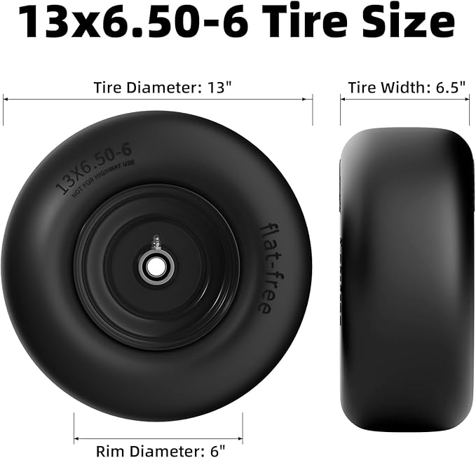RONPOW 13x6.50-6 Lawn Mower Flat Free Tires and Wheels, 13x6.5-6 Heavy Duty Solid Front Tire for Zero Turn Mowers, 500Lbs Load, Universal 3/4", 5/8" and 1/2" Bearings, 5.51"-7.91" Hub, 2Pack Black