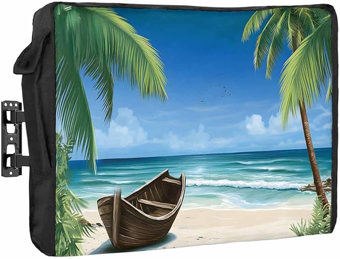 Outdoor TV Cover - Summer Palm Tree Ocean Beach Boat Waterproof and Weatherproof 60"-65" LCD Movable Shield TV Display Screen Protector Outside Television Covers