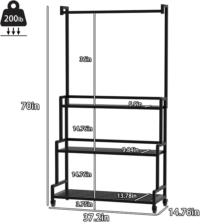 3 Tier Rolling Plant Stand with 3 S-Hooks, 70" Tall Heavy Duty Metal Plant Shelf with Lockable Wheels, Black Curved Corner Plant Display Rack for Indoor Outdoor Patio Balcony Garden (With Hook)