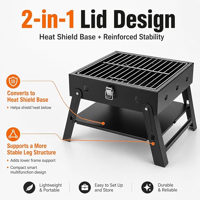 Small Portable BBQ Charcoal Grill: Mini Foldable Table Top Barbecue Grills with Fire Starter Kit and BBQ Grilling Tool Set, Fathers Day Birthday Grilling Gift for Men Dad Husband