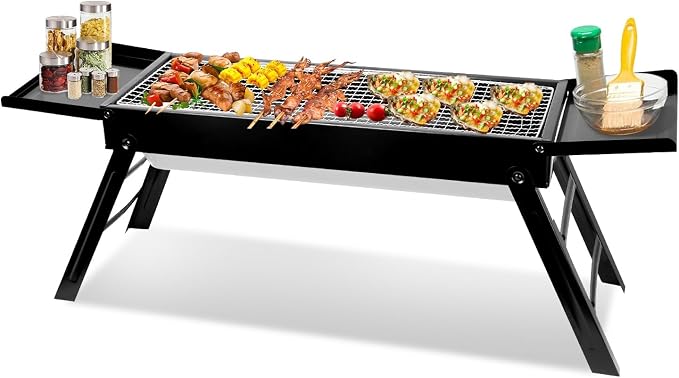 KOCASO Foldable Charcoal BBQ Grill with Shelf Stainless Steel Grill Net Easy Setup Portable Tabletop Barbecue Grill for Camping Picnic Outdoor Party Backyard