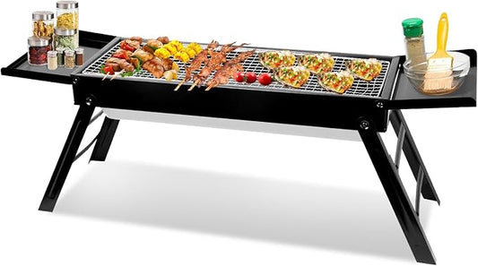 Foldable BBQ Grill, Small Charcoal Grill with Side Shelf Stainless Steel Net, Portable Tabletop Barbecue Grill for Camping Picnic Outdoor Party Garden (22 x 9 x12in)