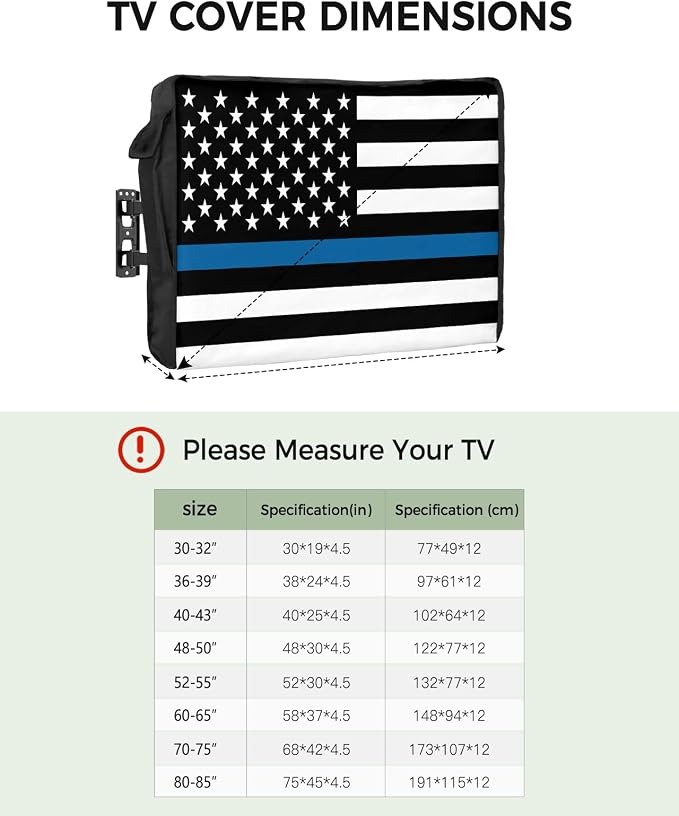 American Police Flag Outdoor TV Cover - 48 to 50 Inches, Weatherproof & Waterproof, Blue White, Enclosure with Remote Control Pocket, Law Enforcement Officers TV Screen Protector