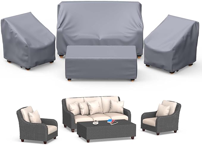 Mrrihand Patio Furniture Covers - 4 Piece Outdoor Furniture Set with Waterproof Sofa, Chair, Coffee Table Covers - Windproof Buckle Strap and Adjustable Drawstring - Grey