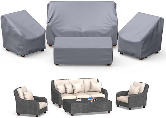 Mrrihand Patio Furniture Covers - 4 Piece Outdoor Furniture Set with Waterproof Sofa, Chair, Coffee Table Covers - Windproof Buckle Strap and Adjustable Drawstring - Grey