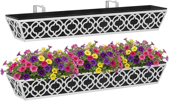 Y&M 2Pcs 36'' Railing Planter Box Set with Adjustable Brackets, Large Hanging Window Boxes for Fence, Deck, Balcony, and Garden, Gray Metal Frame with Black Nonwoven Fabric Liner