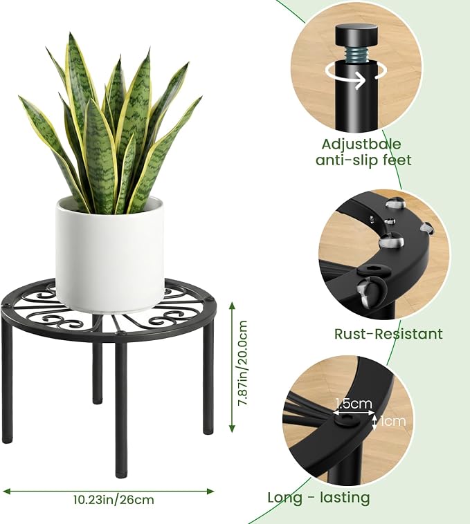 TOSKING Heavy Duty Metal Plant Stand – 120 lbs Capacity, 10.2" Classic Scroll Pattern Round Stand for Medium to Large Pots, 4 Adjustable Feet & Rustproof, Indoor/Outdoor, Black (10.2" D x 7.9" H)