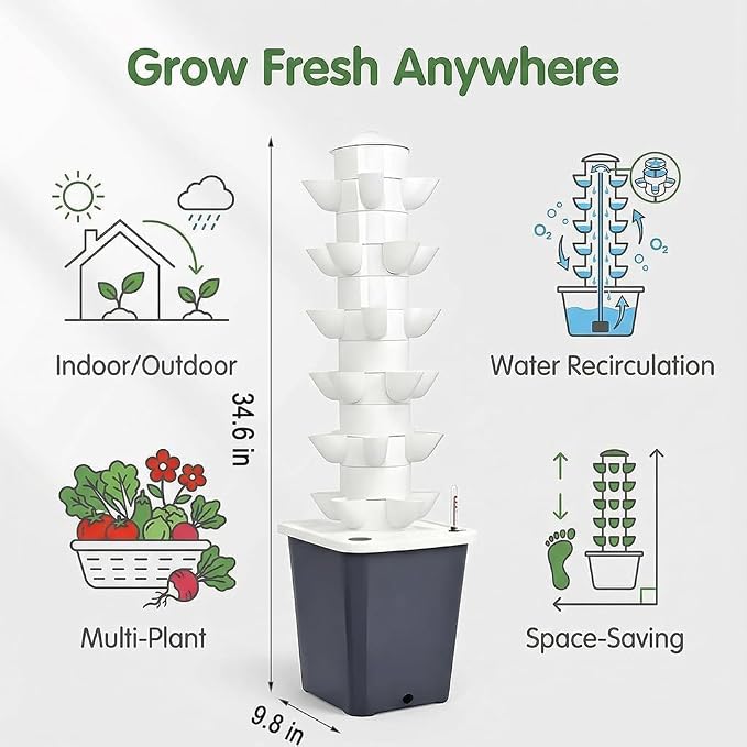 Vertical Hydroponic Tower Garden - 6 Tier Hydroponics Growing System Kit with 30 Pods, Water Tank & Pump, Aeroponic Tower for Herbs, Lettuce, Vegetables & Strawberries, Indoor Outdoor, Gray